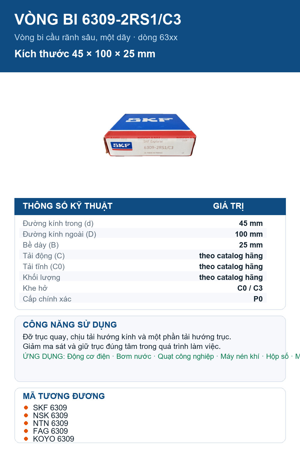 Vòng bi SKF 6309-2RS1/C3 45x100x25mm — Ảnh thông số (Pinterest)