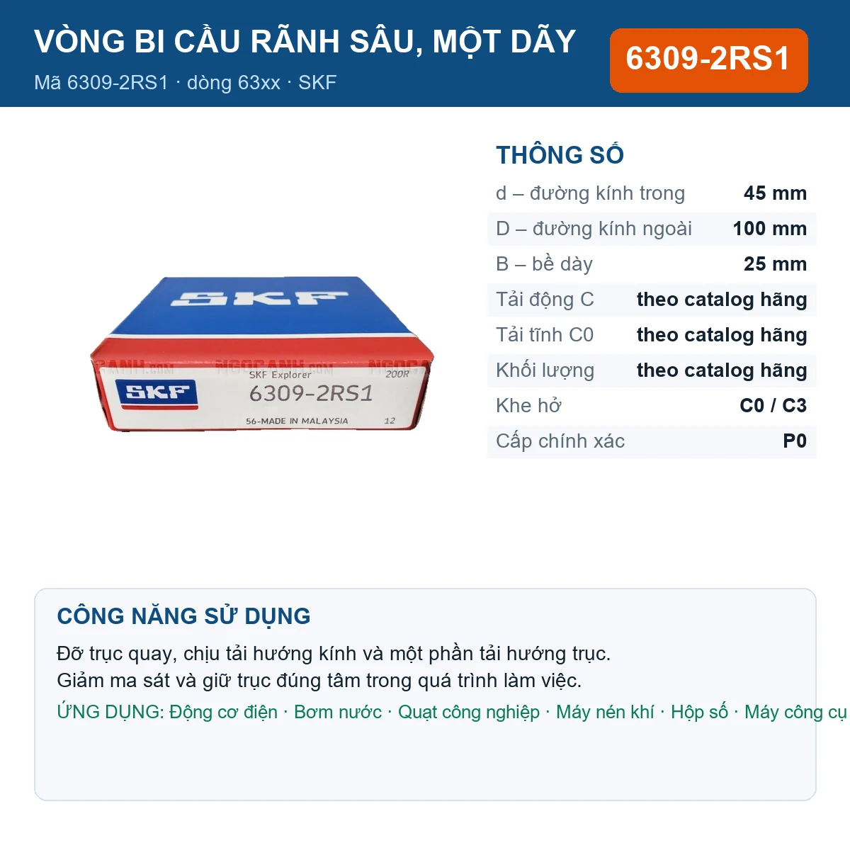 Vòng bi SKF 6309-2RS1 — kích thước 45x100x25mm