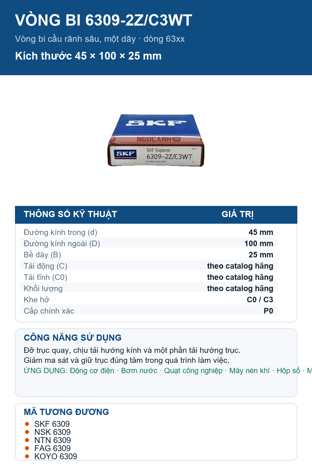Vòng bi SKF 6309-2Z/C3WT 45x100x25mm — Ảnh thông số (Pinterest)