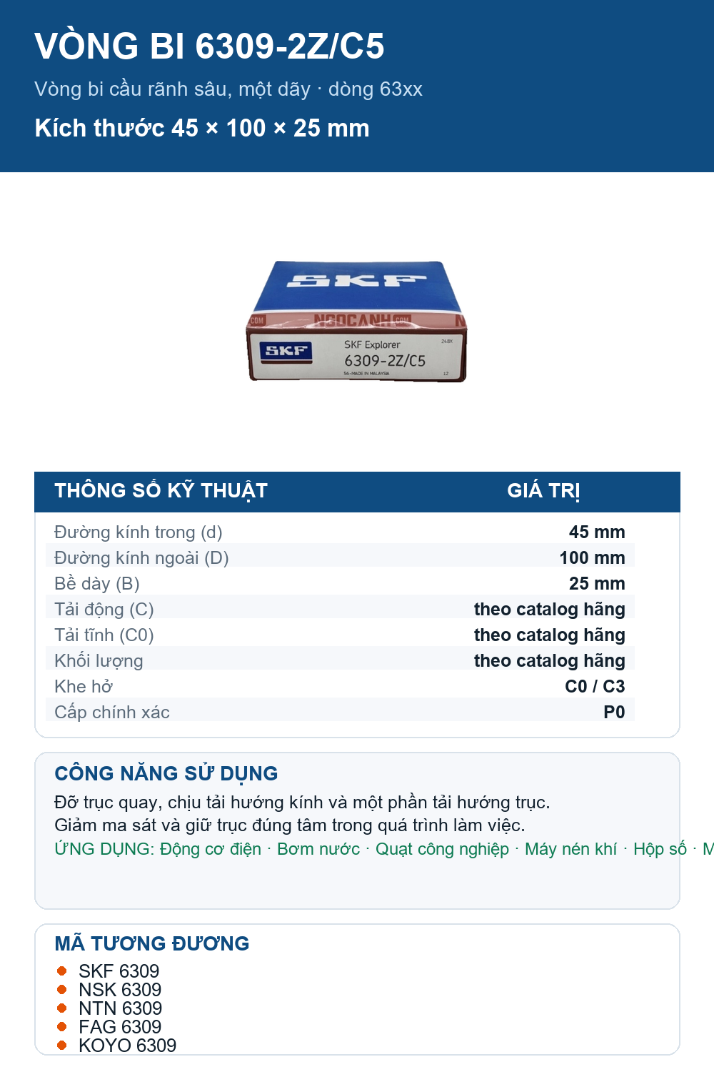 Vòng bi SKF 6309-2Z/C5 45x100x25mm — Ảnh thông số (Pinterest)