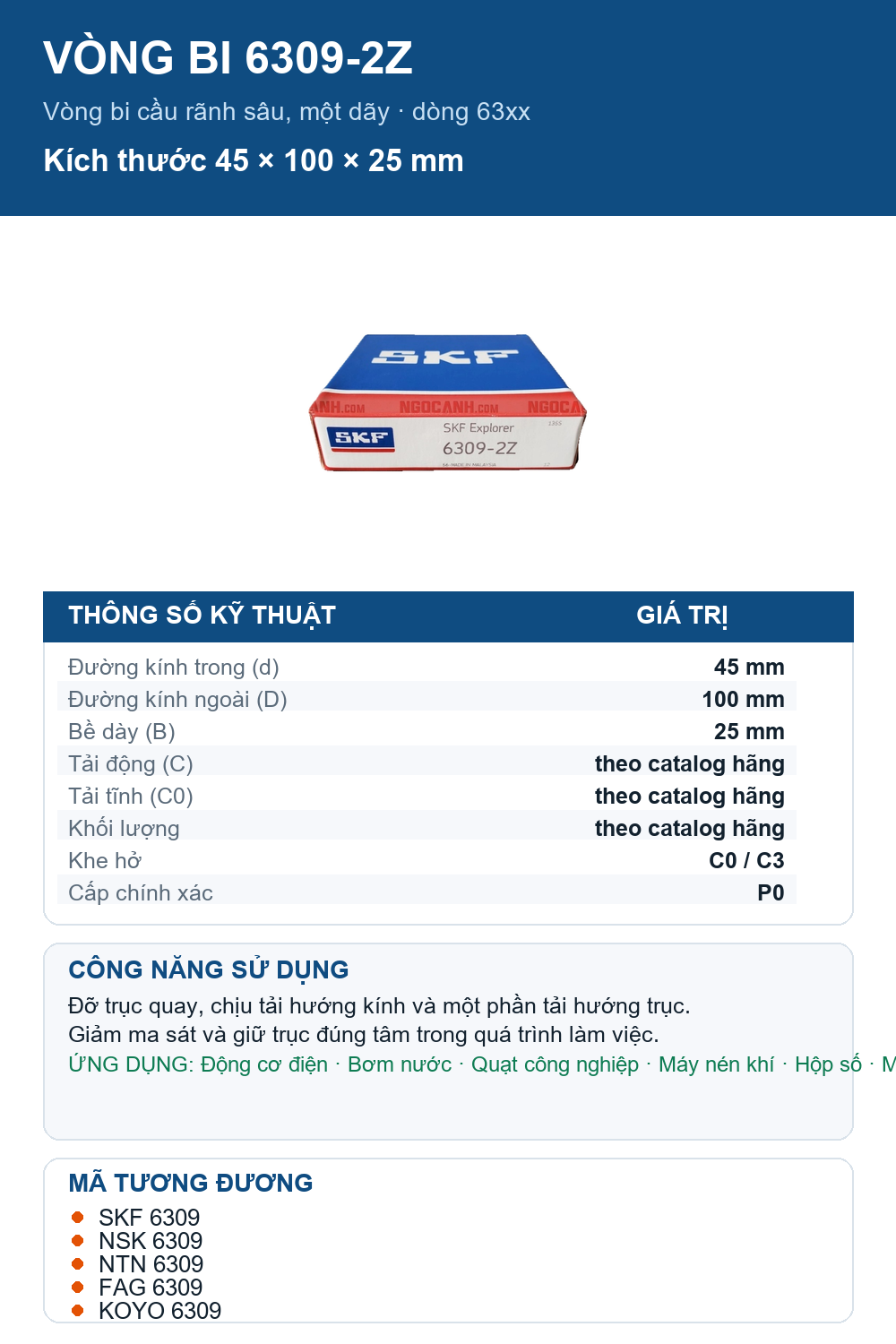Vòng bi SKF 6309-2Z 45x100x25mm — Ảnh thông số (Pinterest)