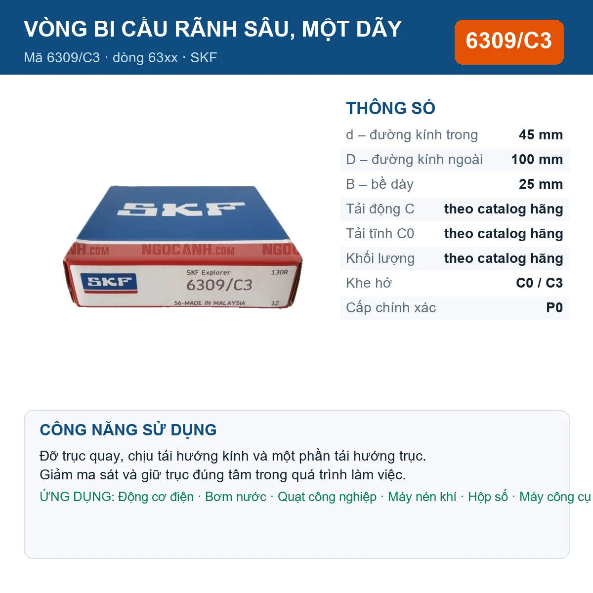 Vòng bi SKF 6309/C3 — kích thước 45x100x25mm