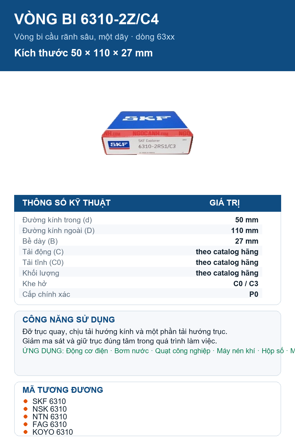 Vòng bi SKF 6310-2Z/C4 50x110x27mm — Ảnh thông số (Pinterest)