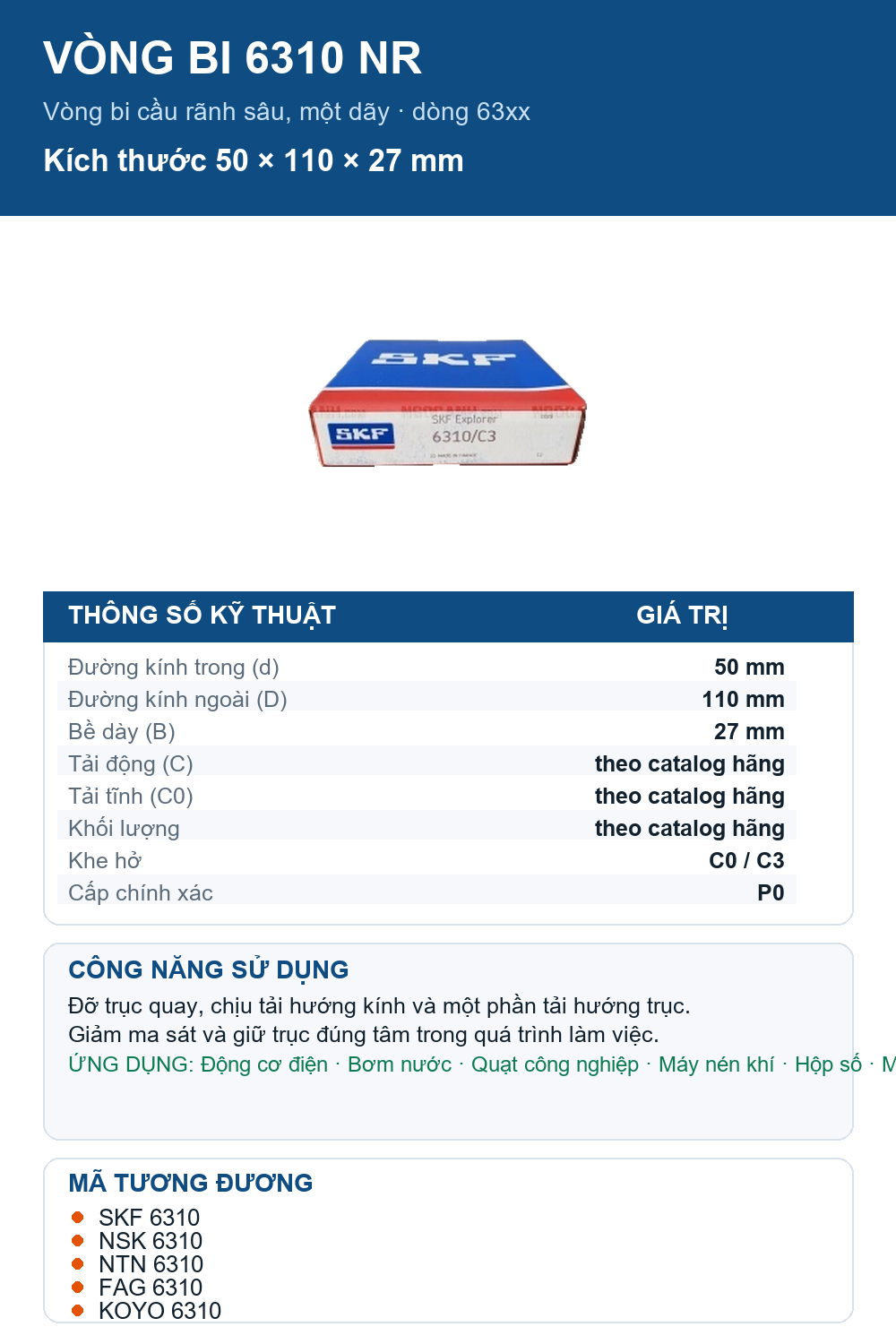 Vòng bi SKF 6310 NR 50x110x27mm — Ảnh thông số (Pinterest)