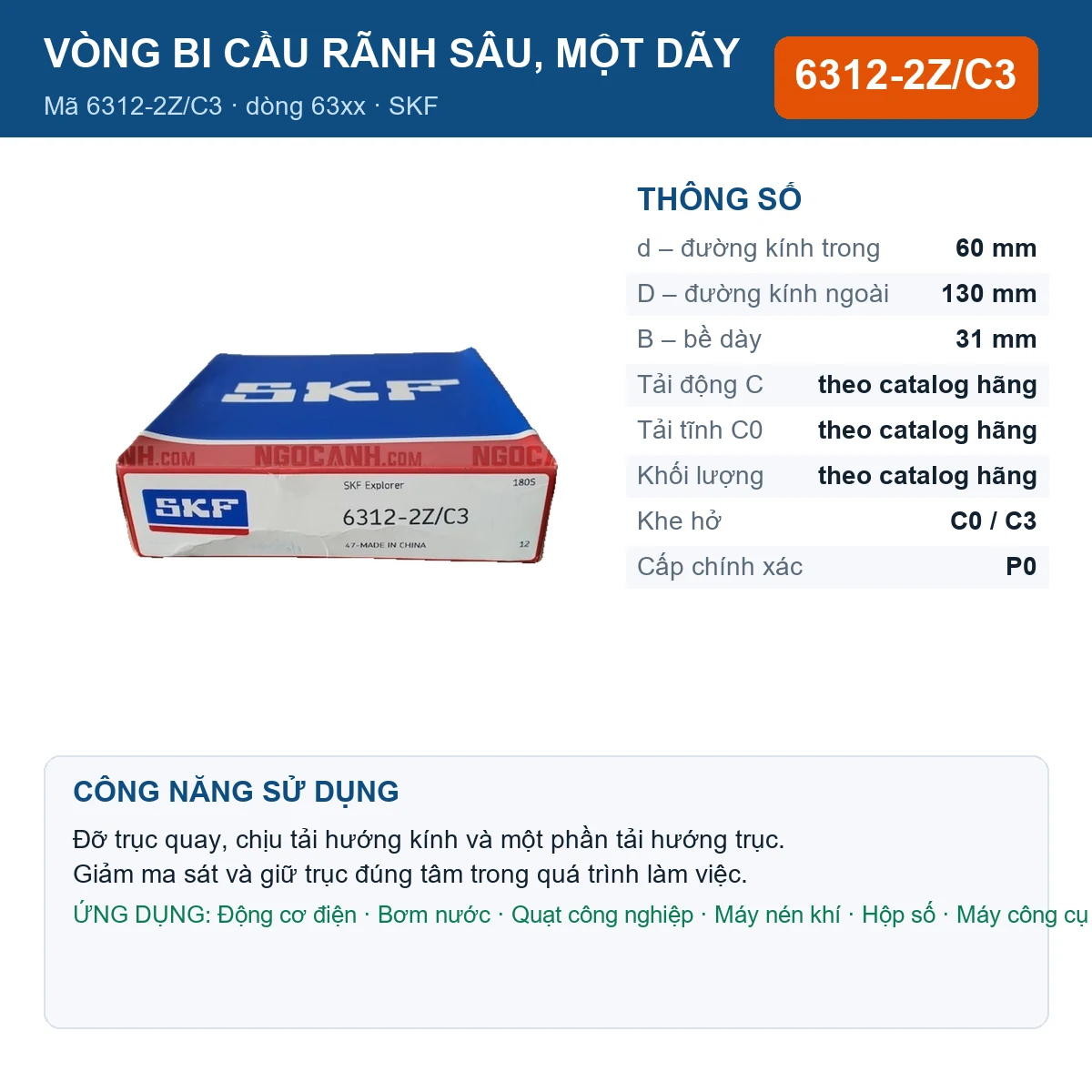 Vòng bi SKF 6312-2Z/C3 — kích thước 60x130x31mm
