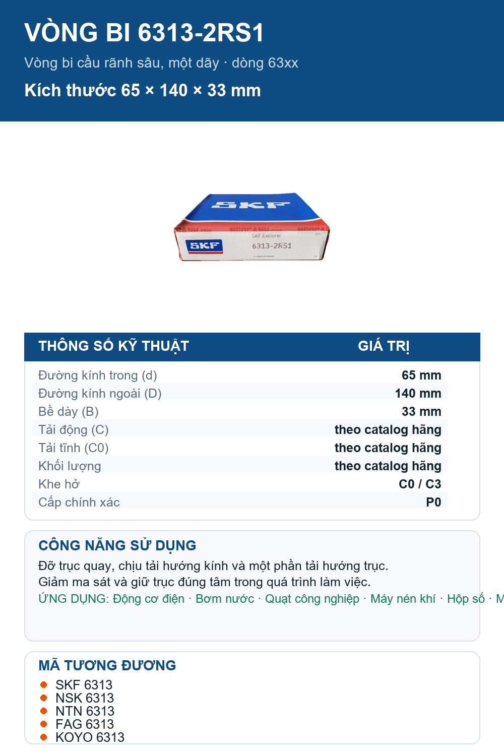 Vòng bi SKF 6313-2RS1 65x140x33mm — Ảnh thông số (Pinterest)