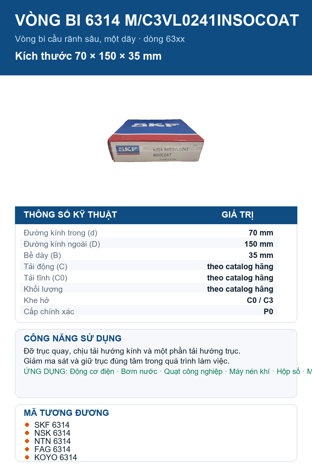 Vòng bi SKF 6314 M/C3VL0241INSOCOAT 70x150x35mm — Ảnh thông số (Pinterest)