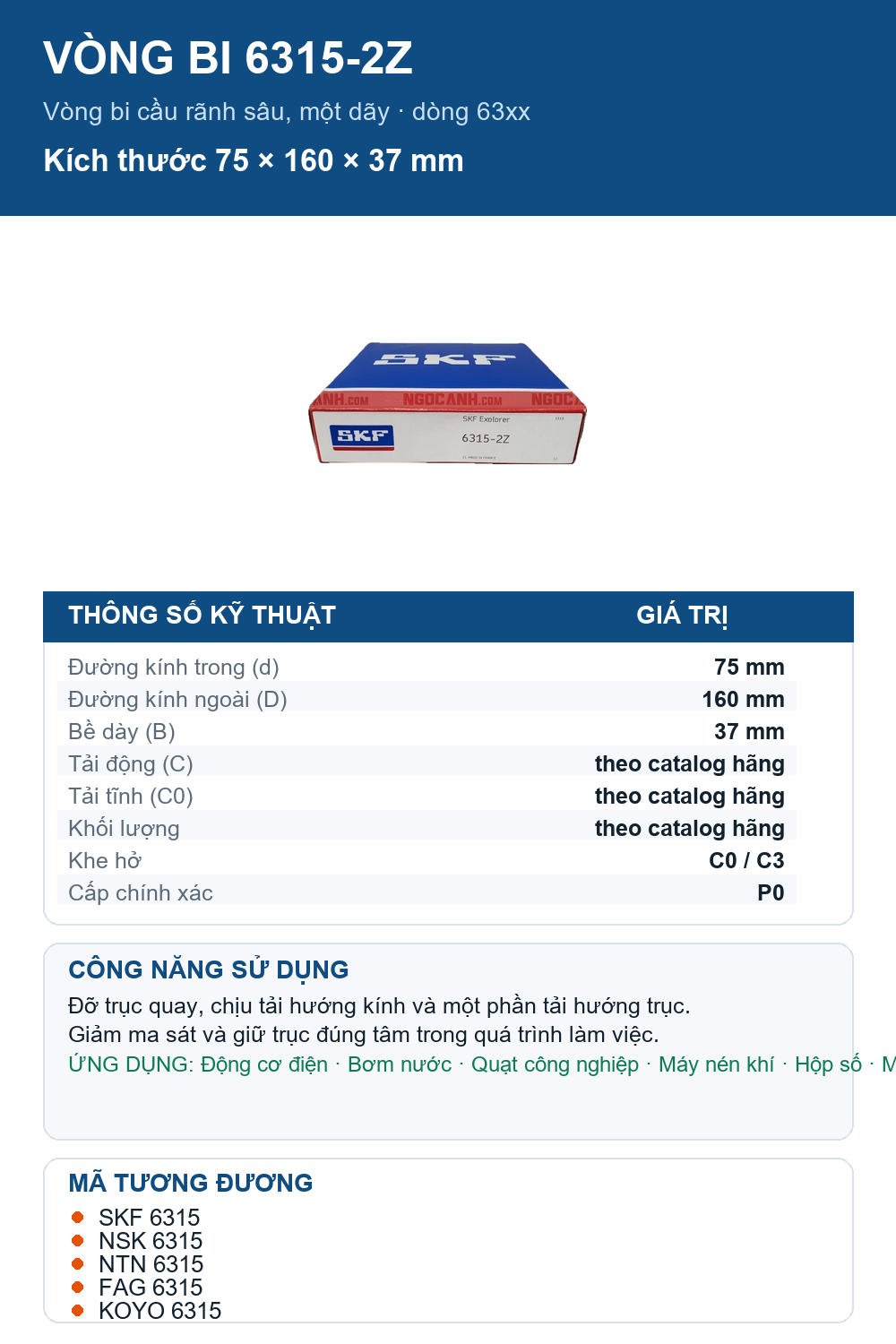 Vòng bi SKF 6315-2Z 75x160x37mm — Ảnh thông số (Pinterest)