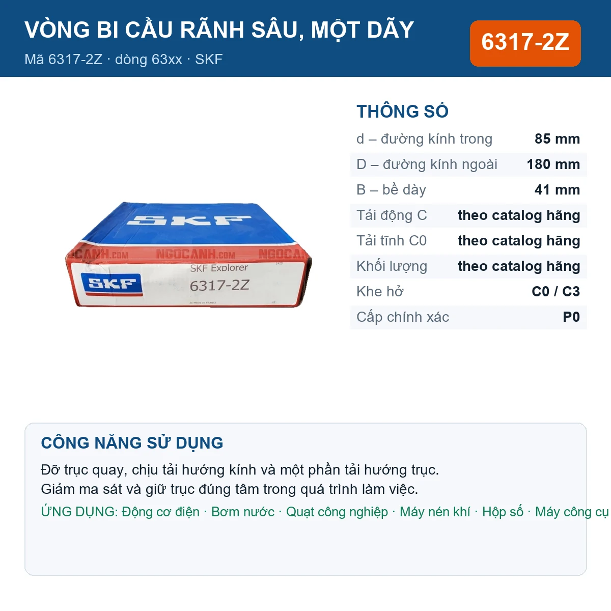 Vòng bi SKF 6317-2Z — kích thước 85x180x41mm