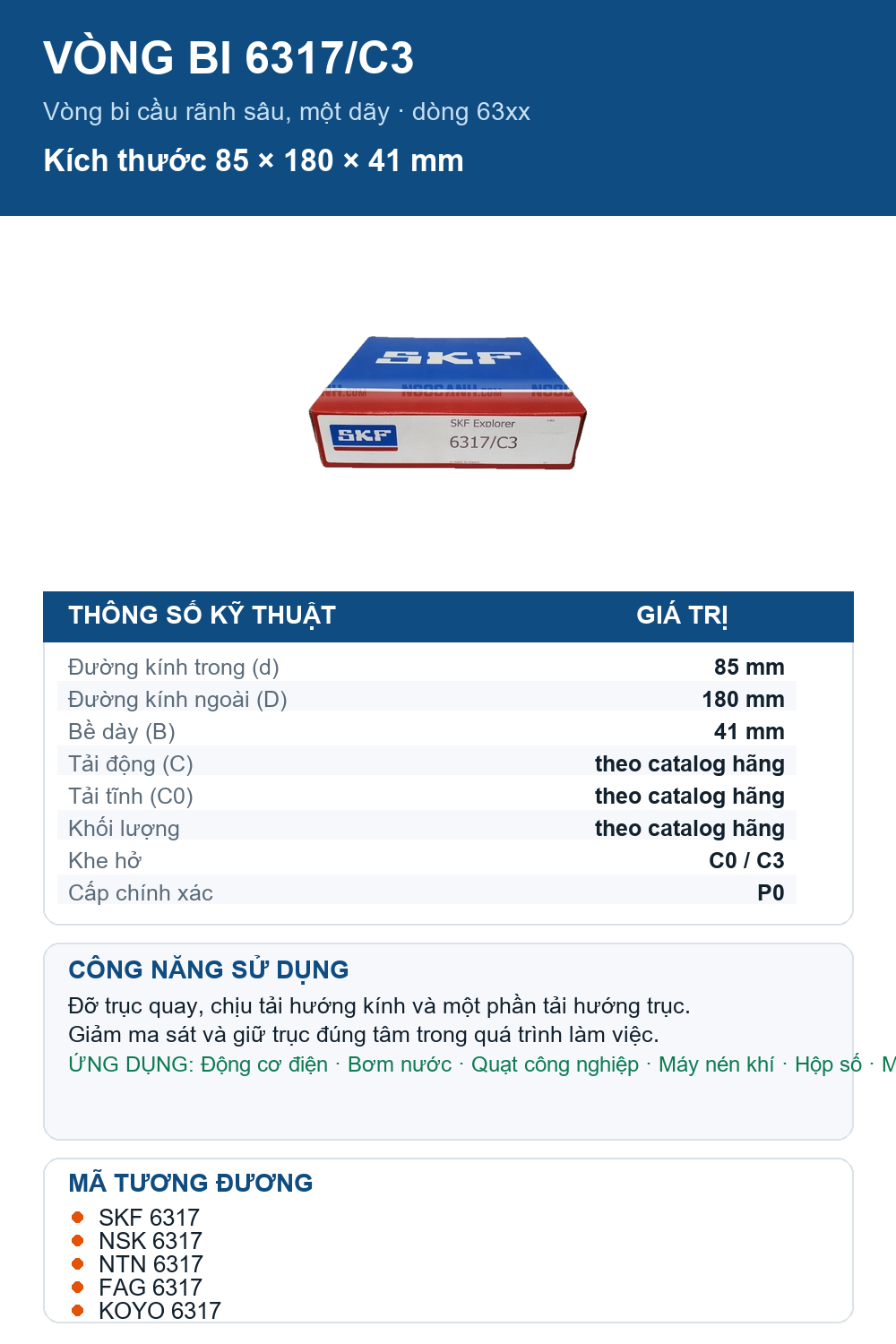 Vòng bi SKF 6317/C3 85x180x41mm — Ảnh thông số (Pinterest)