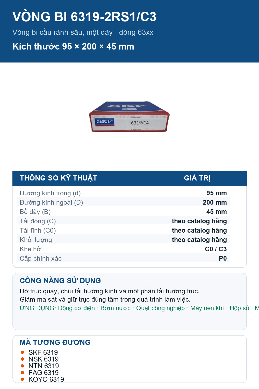 Vòng bi SKF 6319-2RS1/C3 95x200x45mm — Ảnh thông số (Pinterest)