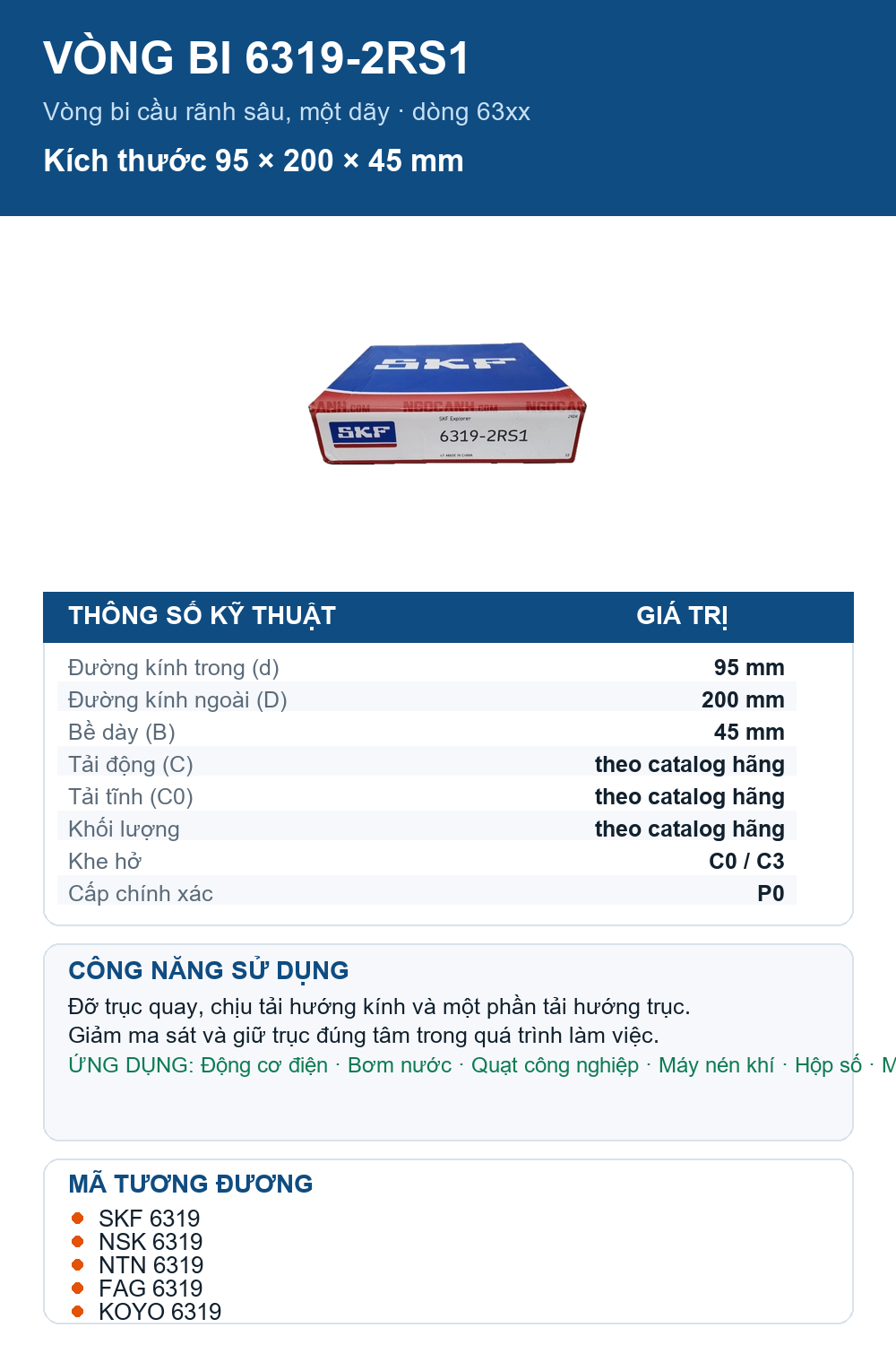 Vòng bi SKF 6319-2RS1 95x200x45mm — Ảnh thông số (Pinterest)