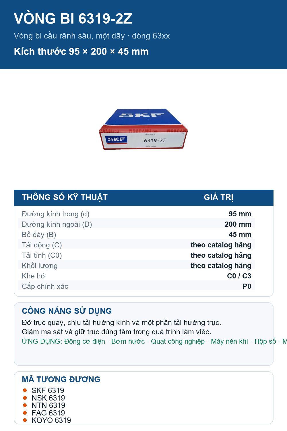 Vòng bi SKF 6319-2Z 95x200x45mm — Ảnh thông số (Pinterest)