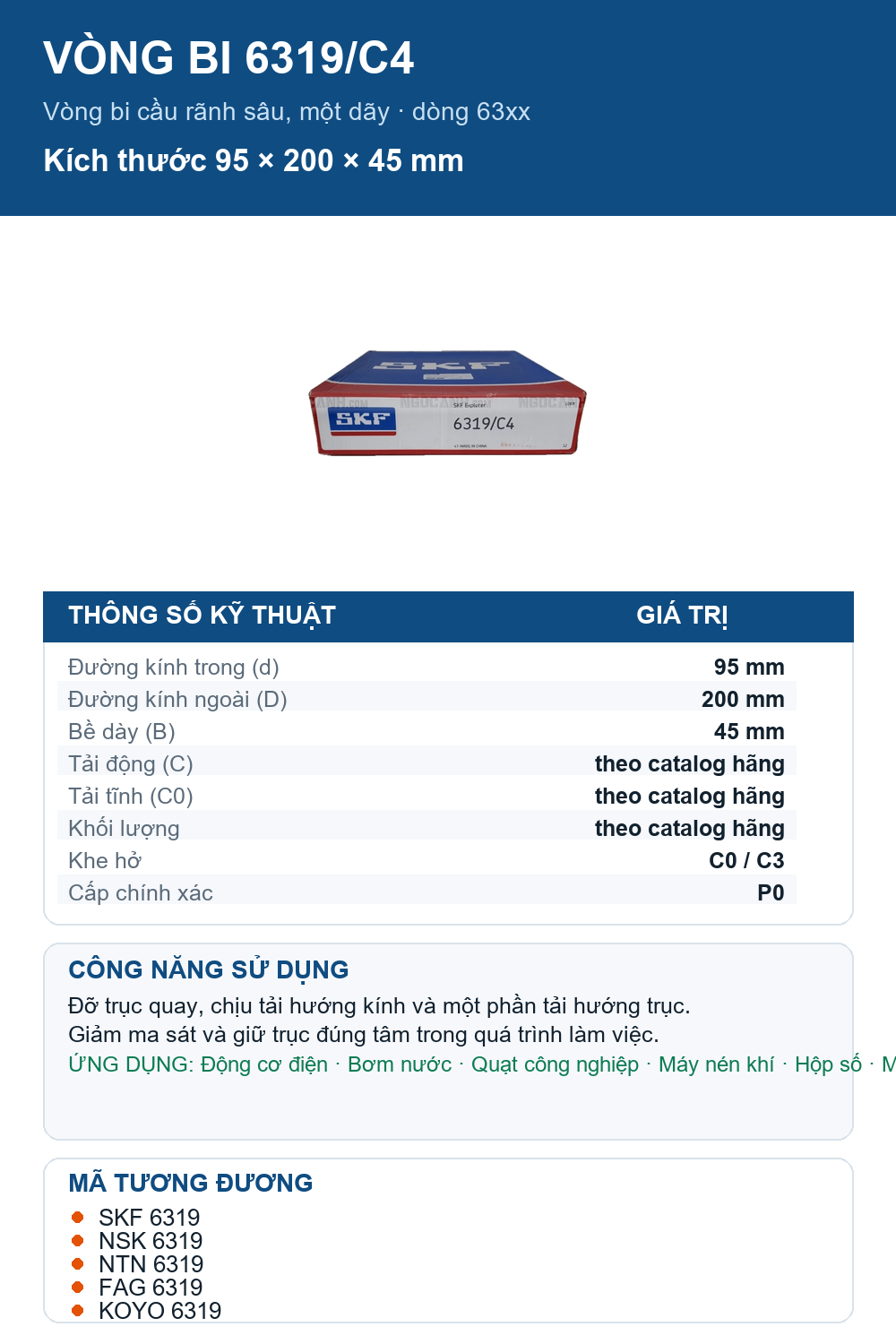 Vòng bi SKF 6319/C4 95x200x45mm — Ảnh thông số (Pinterest)
