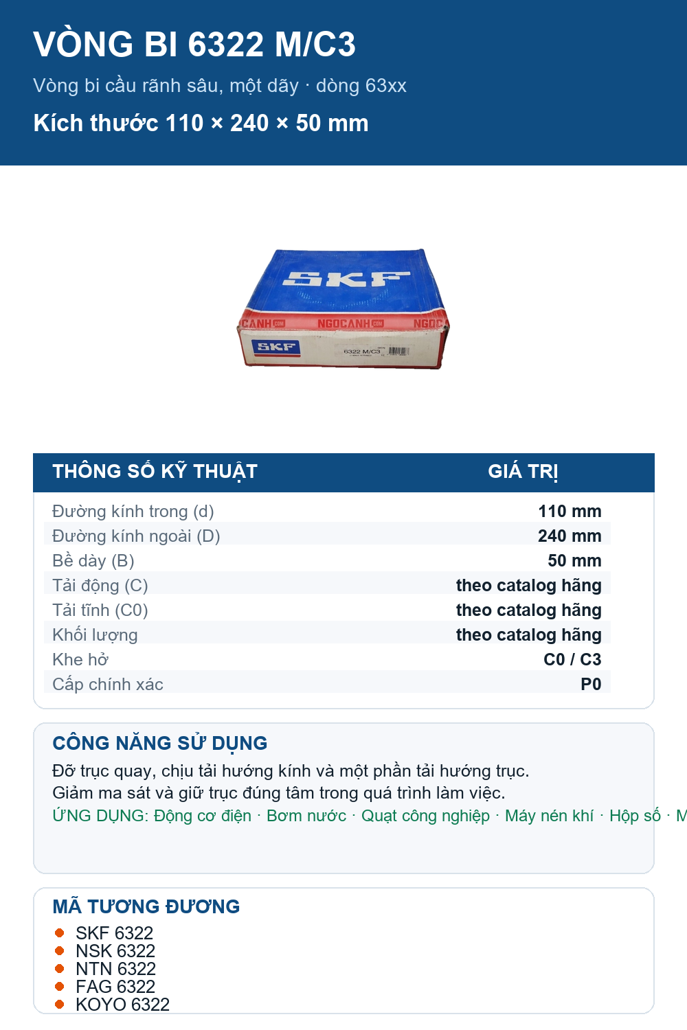 Vòng bi SKF 6322 M/C3 110x240x50mm — Ảnh thông số (Pinterest)