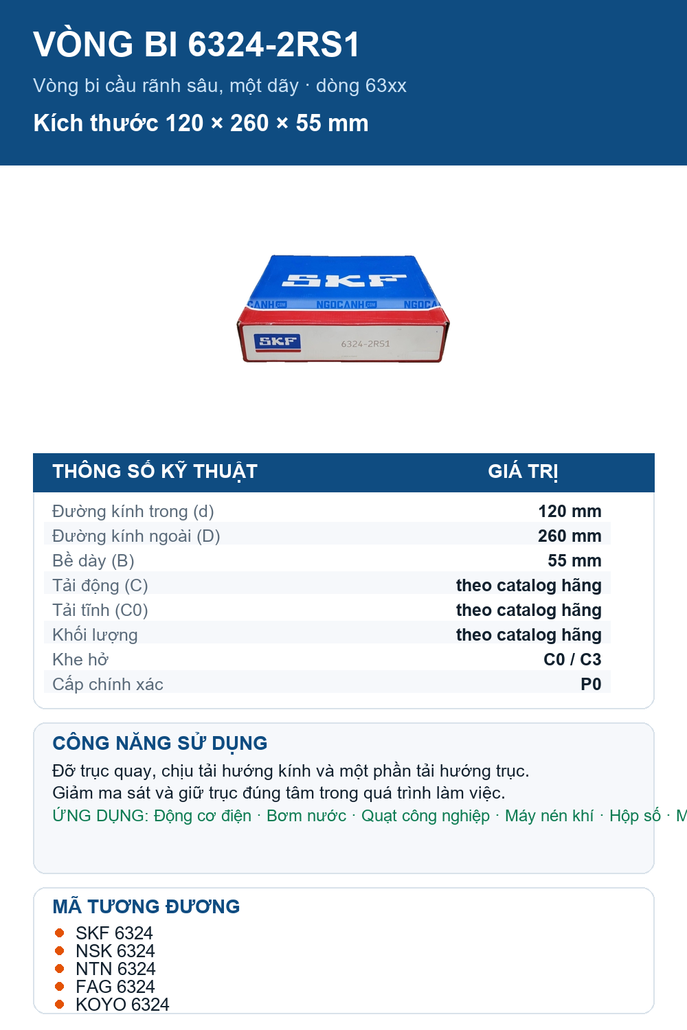Vòng bi SKF 6324-2RS1 120x260x55mm — Ảnh thông số (Pinterest)