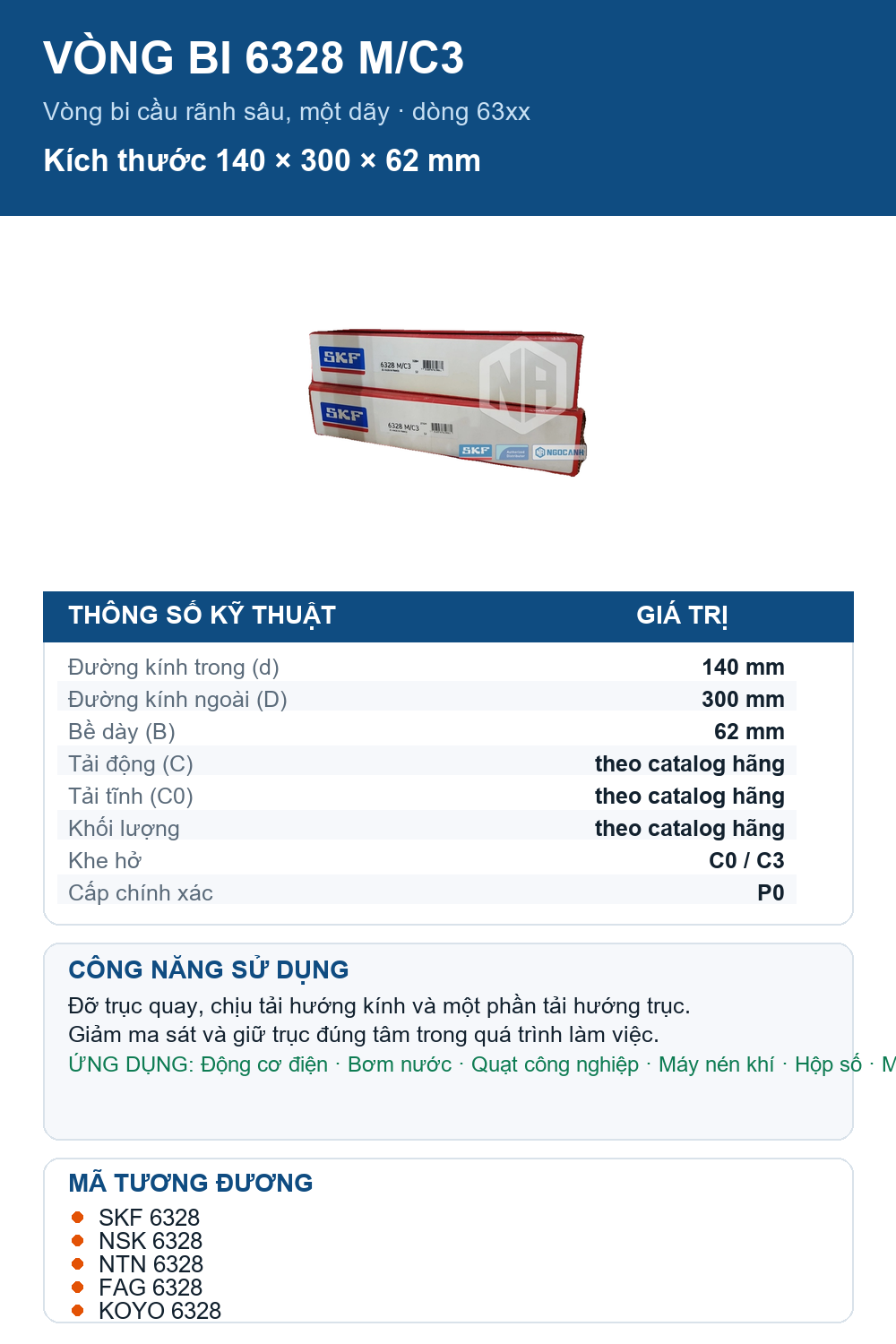 Vòng bi SKF 6328 M/C3 140x300x62mm — Ảnh thông số (Pinterest)