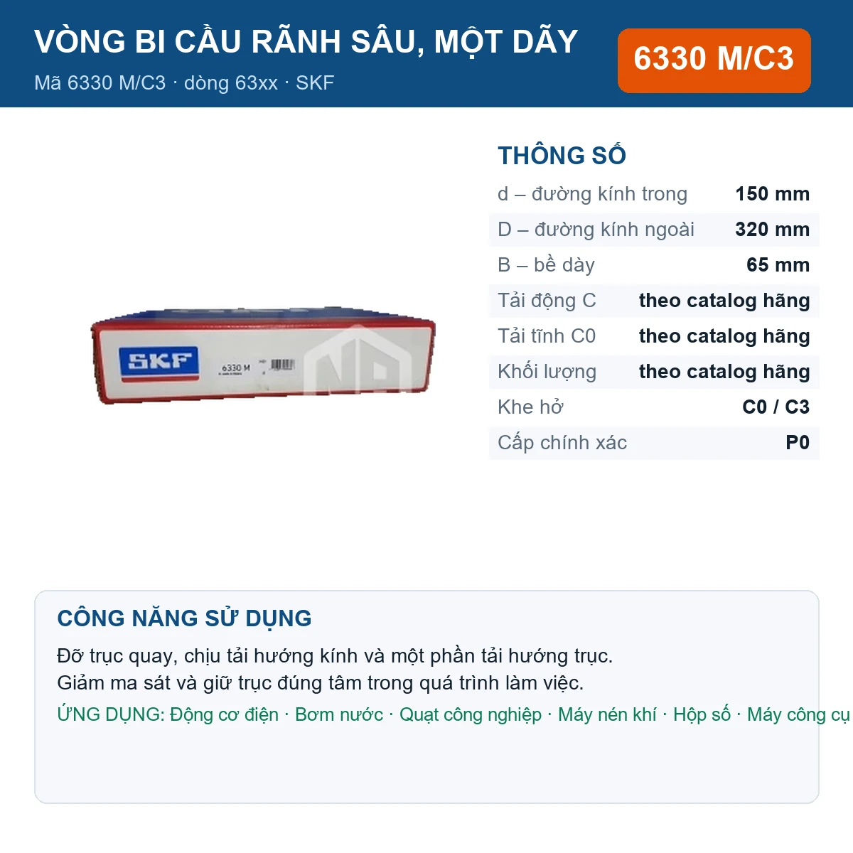 Vòng bi SKF 6330 M/C3 150x320x65mm — Ảnh đăng sản phẩm (web)