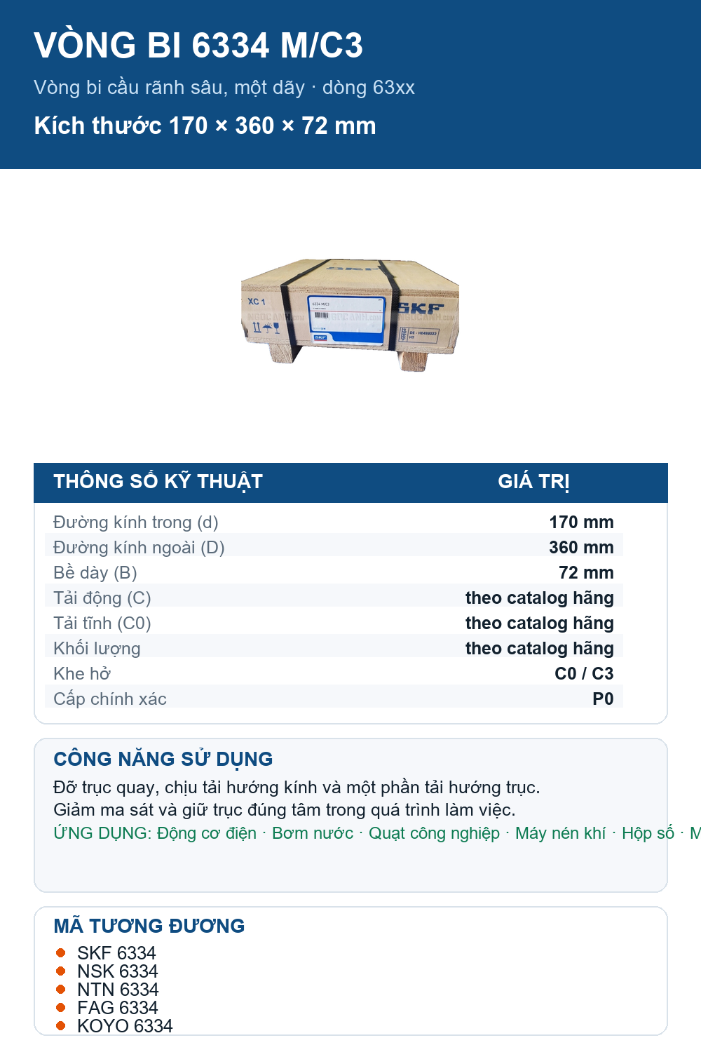 Vòng bi SKF 6334 M/C3 170x360x72mm — Ảnh thông số (Pinterest)