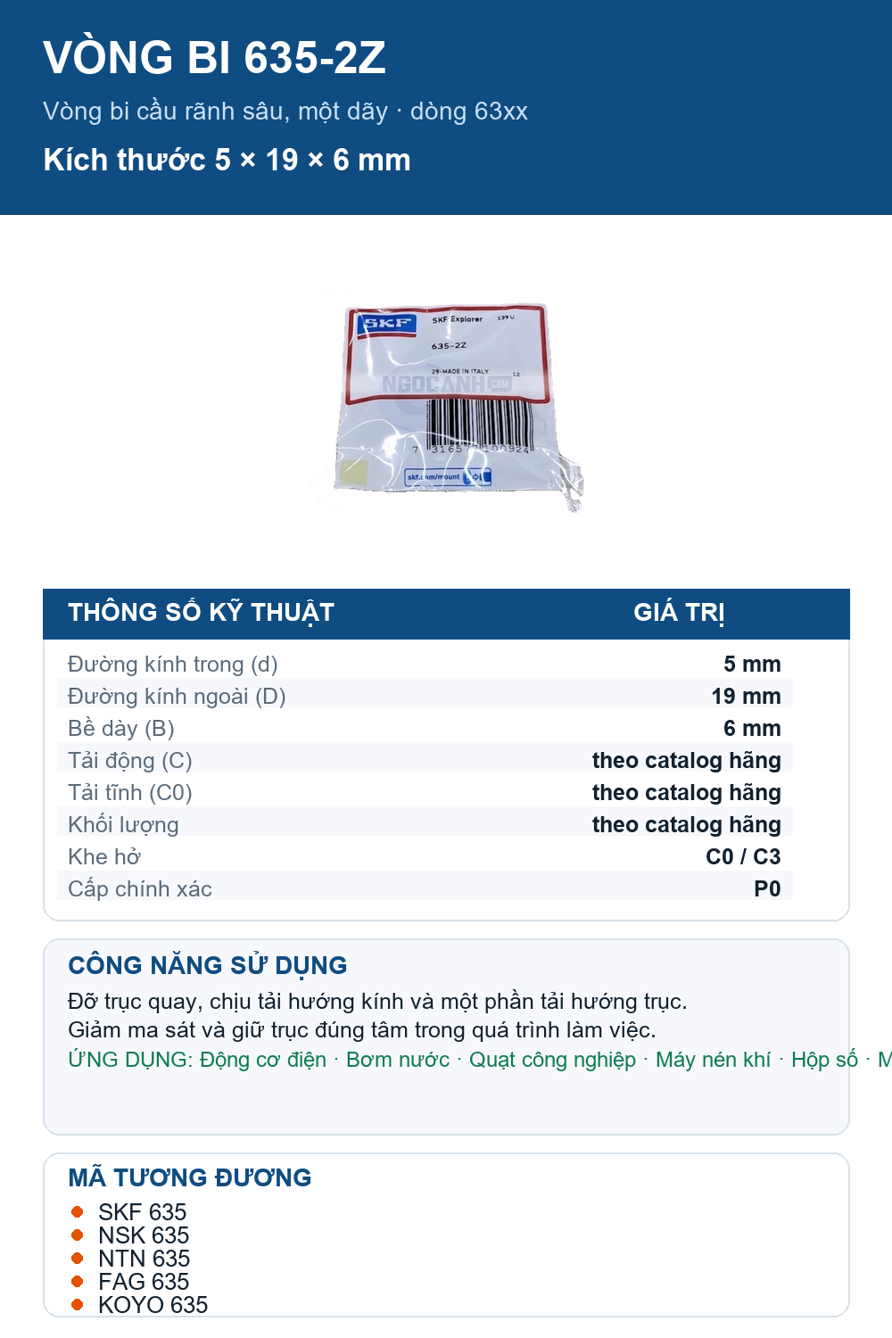 Vòng bi SKF 635-2Z 5x19x6mm — Ảnh thông số (Pinterest)