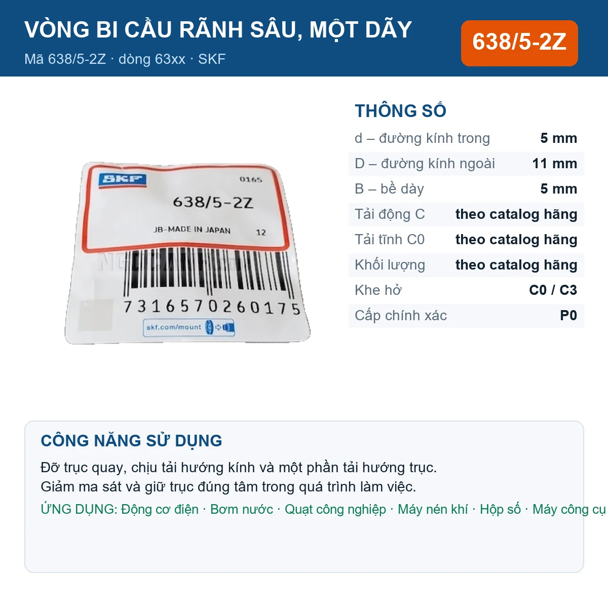 Vòng bi SKF 638/5-2Z — kích thước 5x11x5mm