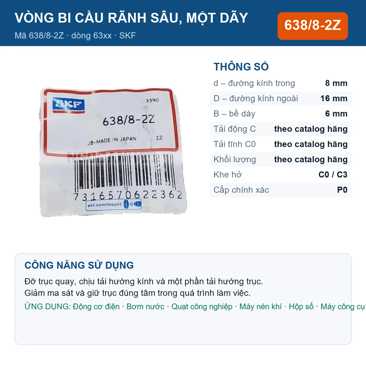 Vòng bi SKF 638/8-2Z — kích thước 8x16x6mm