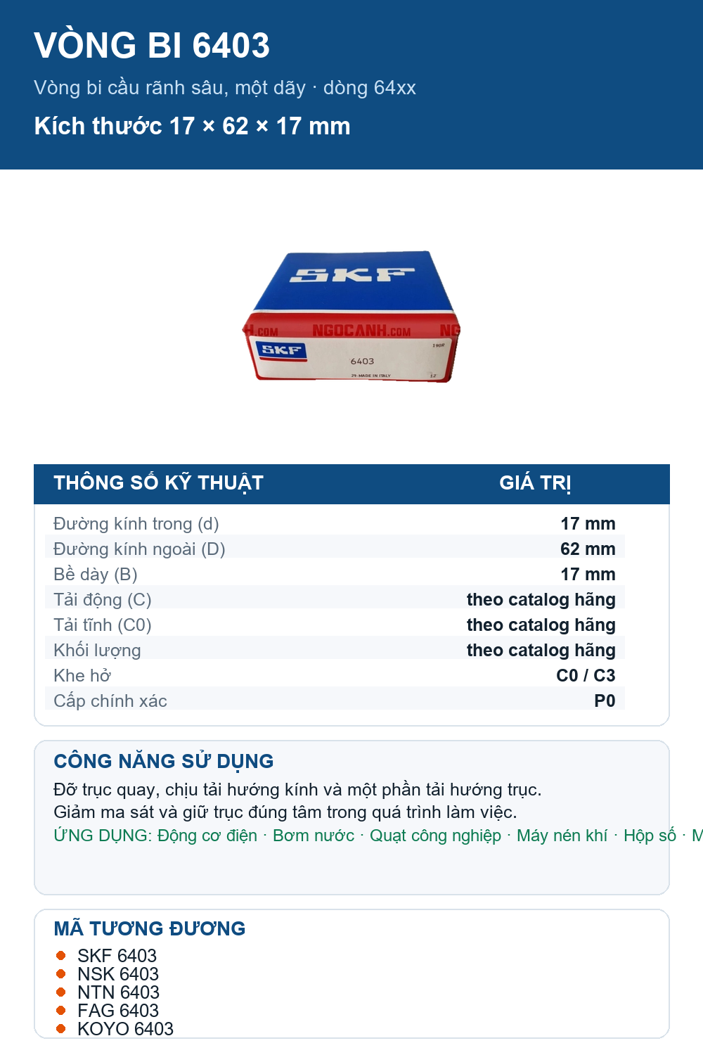 Vòng bi SKF 6403 17x62x17mm — Ảnh thông số (Pinterest)