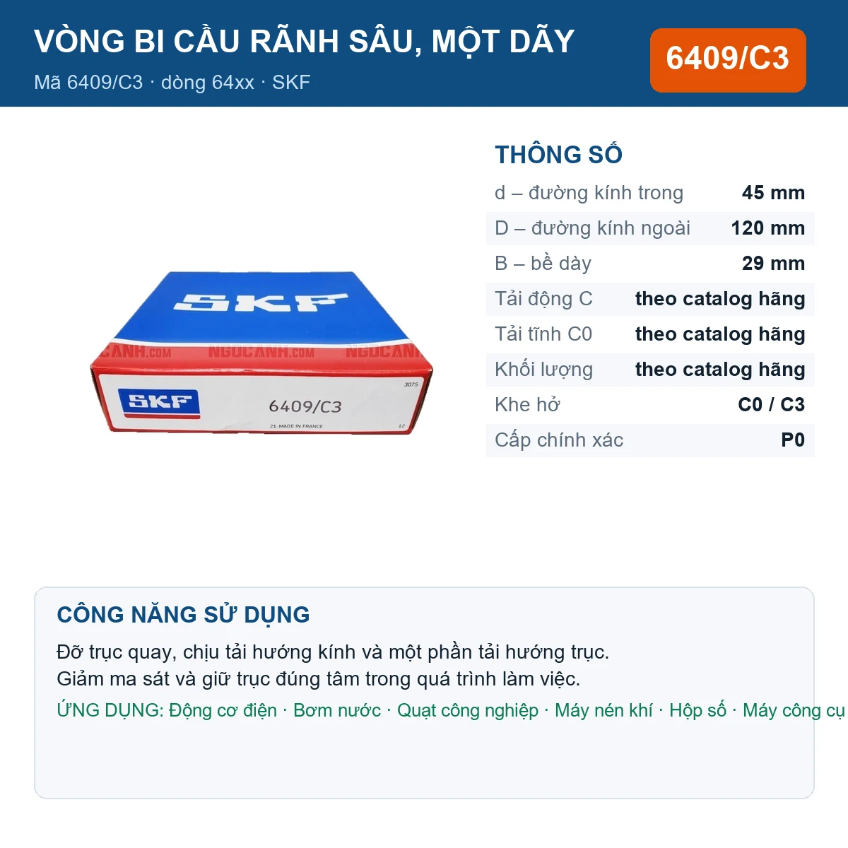 Vòng bi SKF 6409/C3 — kích thước 45x120x29mm