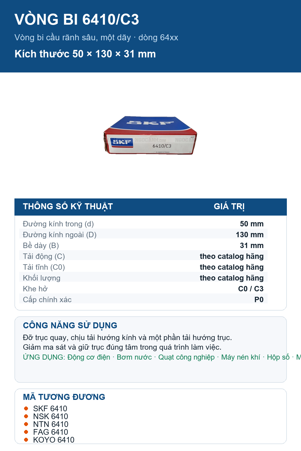 Vòng bi SKF 6410/C3 50x130x31mm — Ảnh thông số (Pinterest)