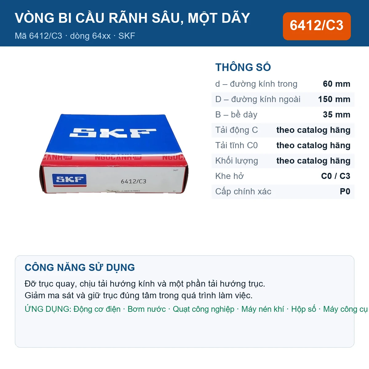 Vòng bi SKF 6412/C3 — kích thước 60x150x35mm