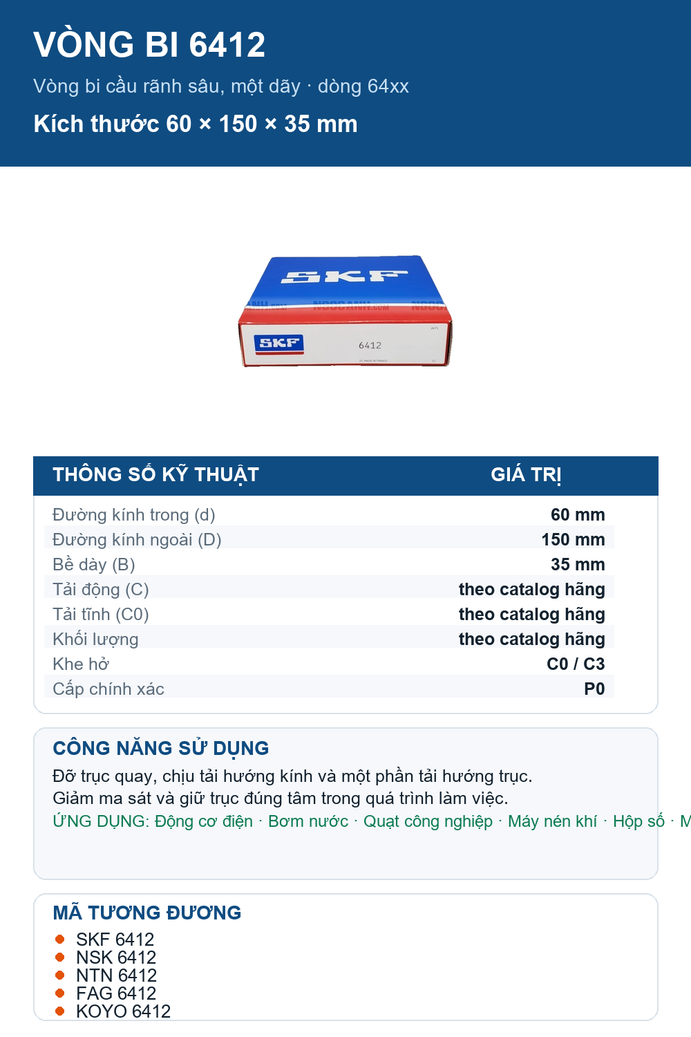 Vòng bi SKF 6412 60x150x35mm — Ảnh thông số (Pinterest)