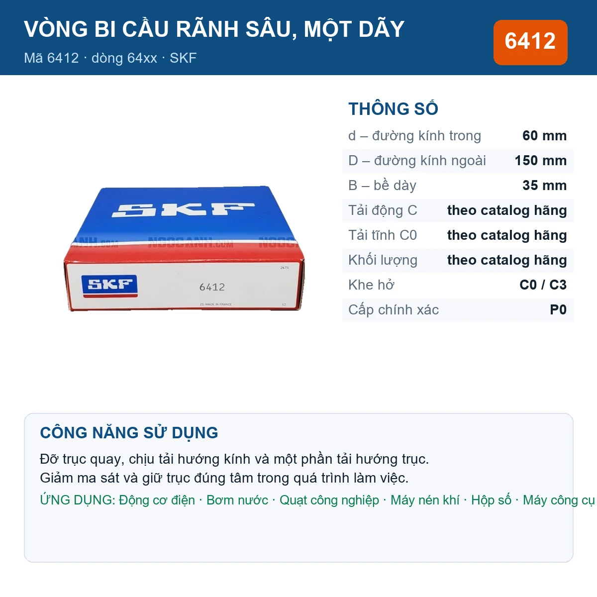 Vòng bi SKF 6412 — kích thước 60x150x35mm