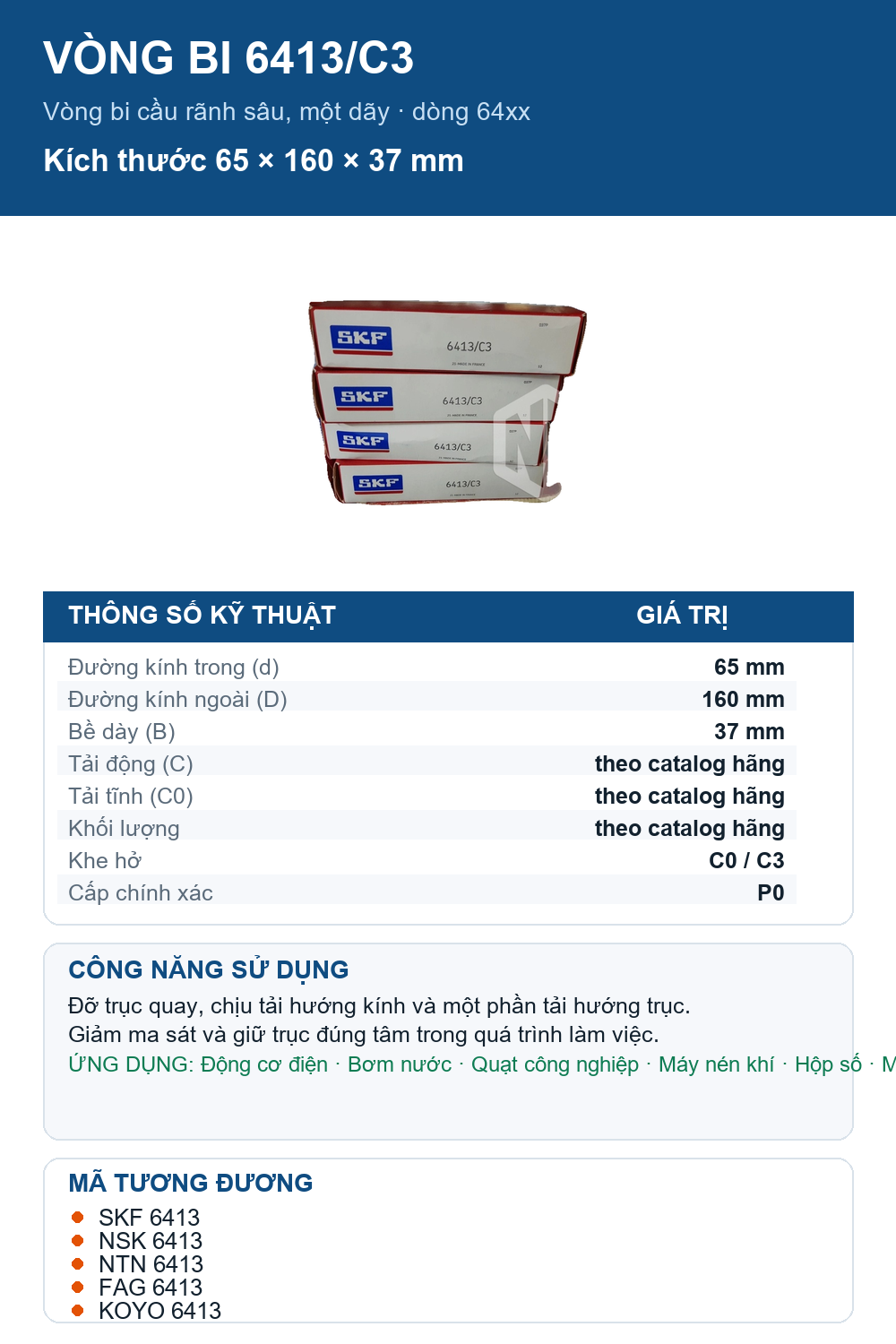 Vòng bi SKF 6413/C3 65x160x37mm — Ảnh thông số (Pinterest)