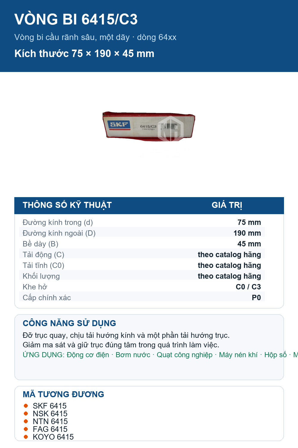 Vòng bi SKF 6415/C3 75x190x45mm — Ảnh thông số (Pinterest)