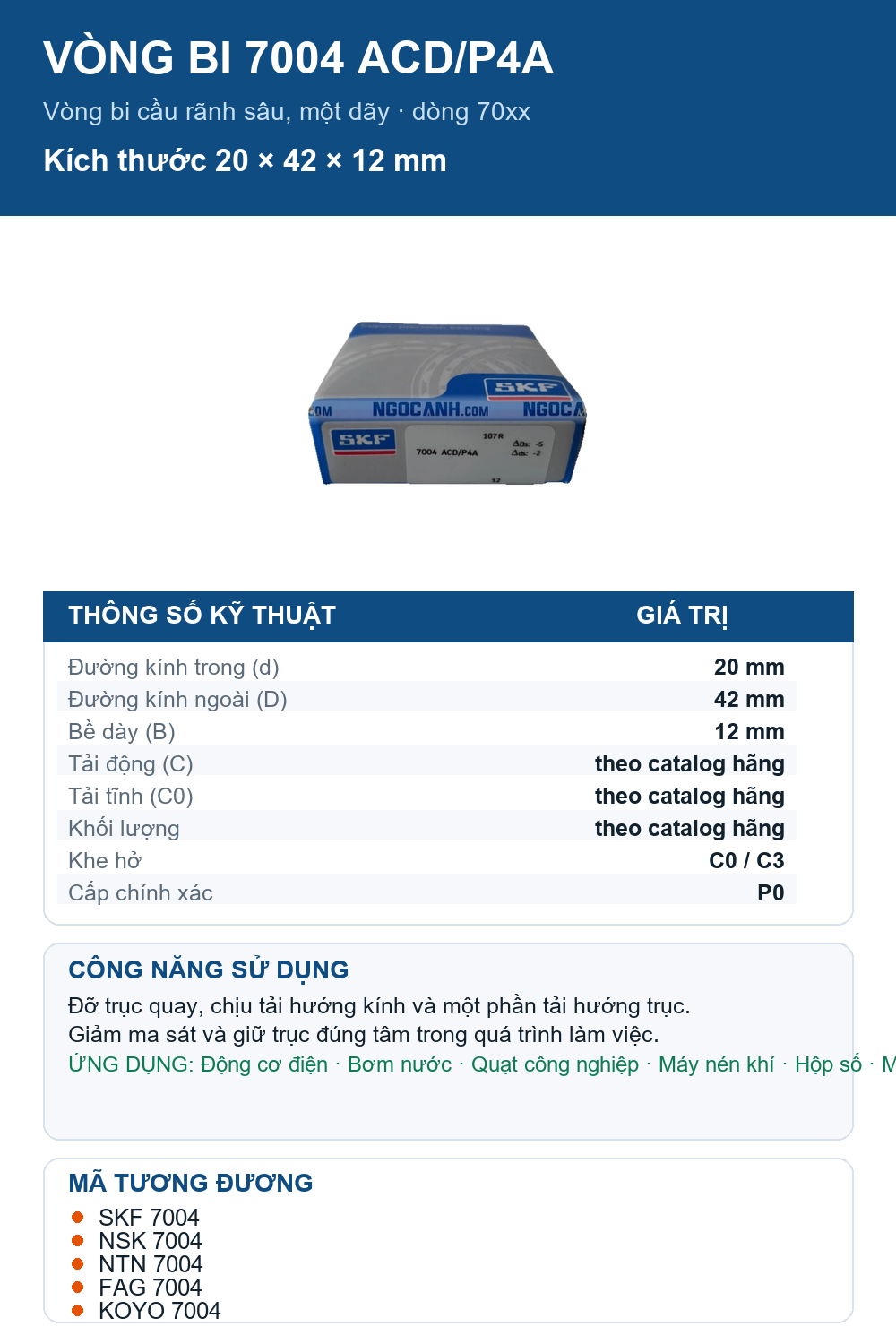Vòng bi SKF 7004 ACD/P4A 20x42x12mm — Ảnh thông số (Pinterest)