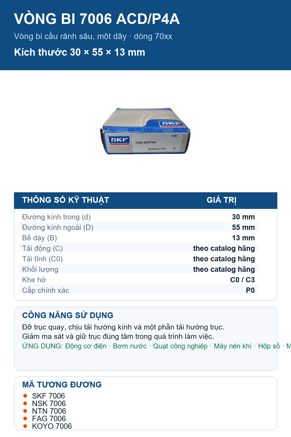Vòng bi SKF 7006 ACD/P4A 30x55x13mm — Ảnh thông số (Pinterest)