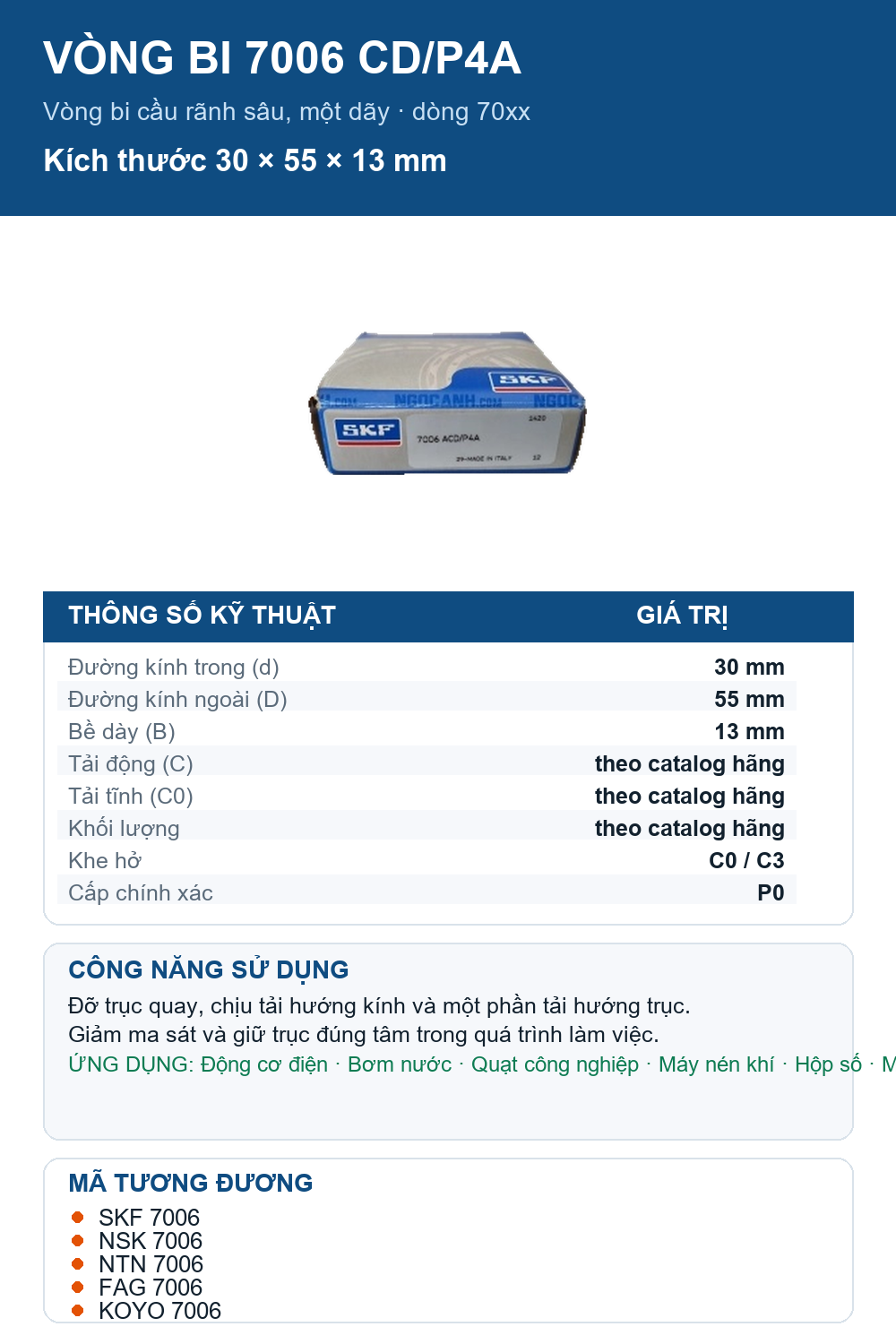 Vòng bi SKF 7006 CD/P4A 30x55x13mm — Ảnh thông số (Pinterest)