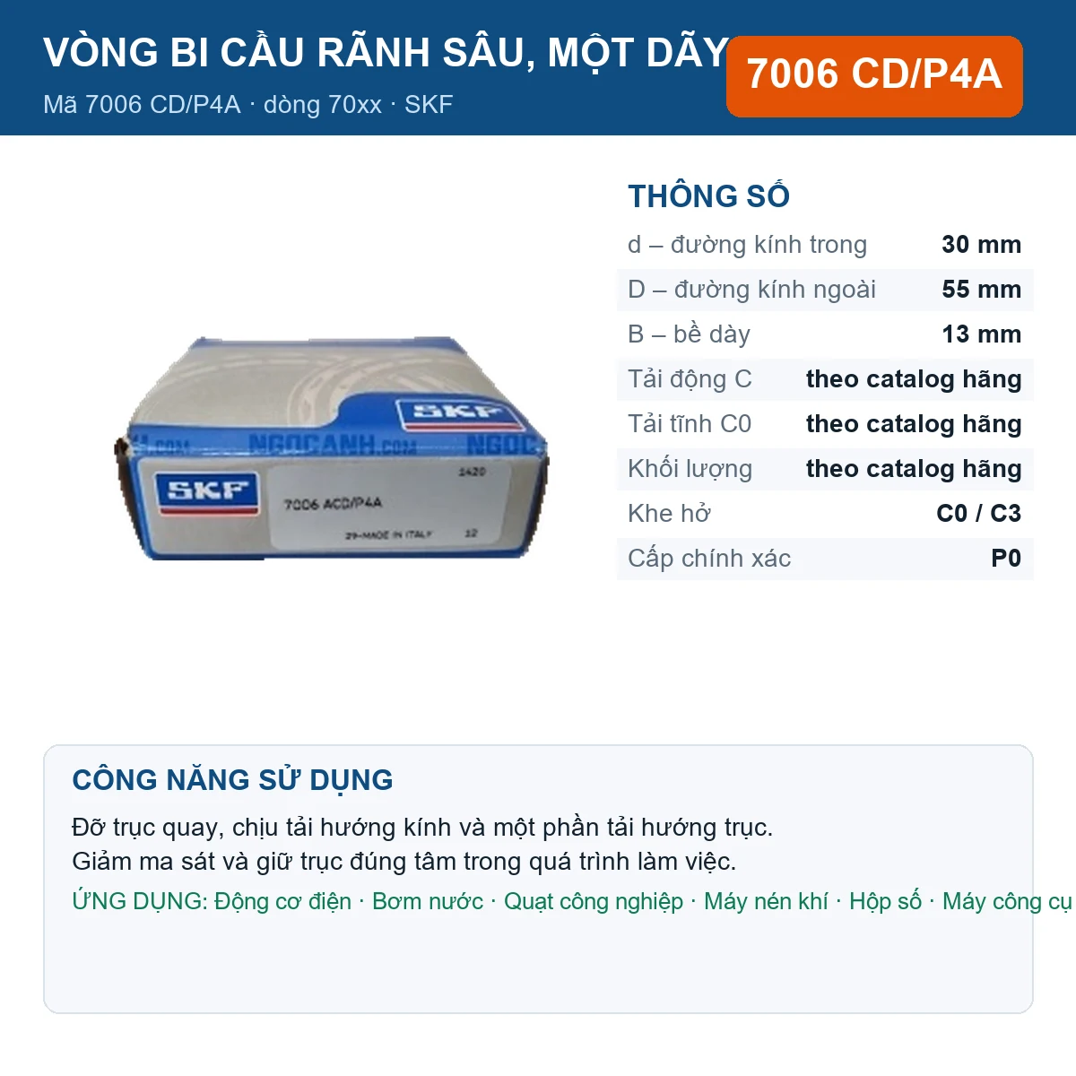 Vòng bi SKF 7006 CD/P4A — kích thước 30x55x13mm