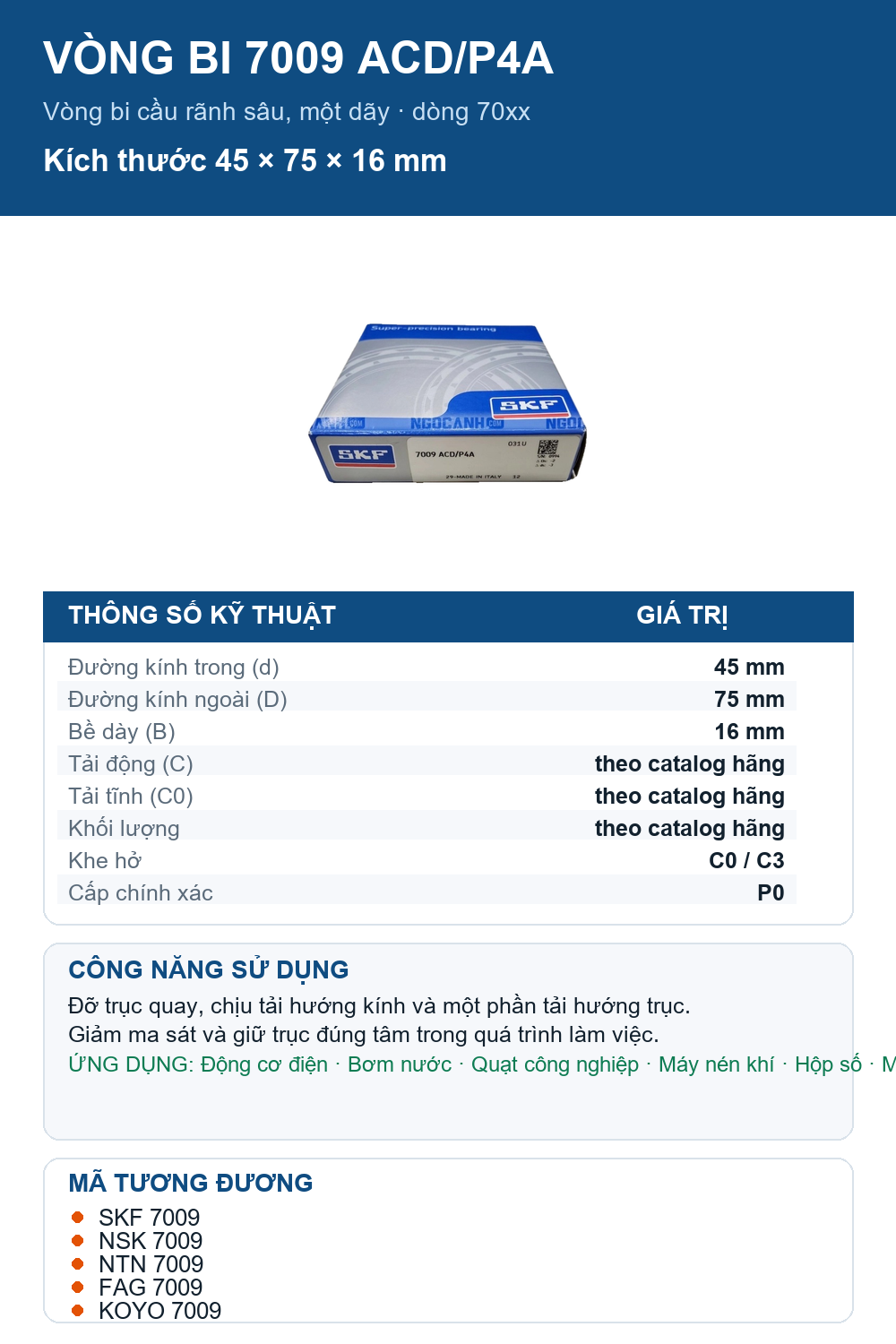 Vòng bi SKF 7009 ACD/P4A 45x75x16mm — Ảnh thông số (Pinterest)