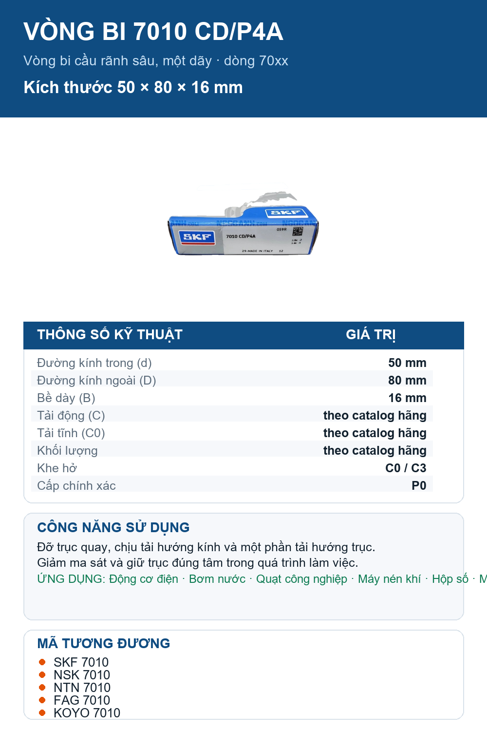 Vòng bi SKF 7010 CD/P4A 50x80x16mm — Ảnh thông số (Pinterest)