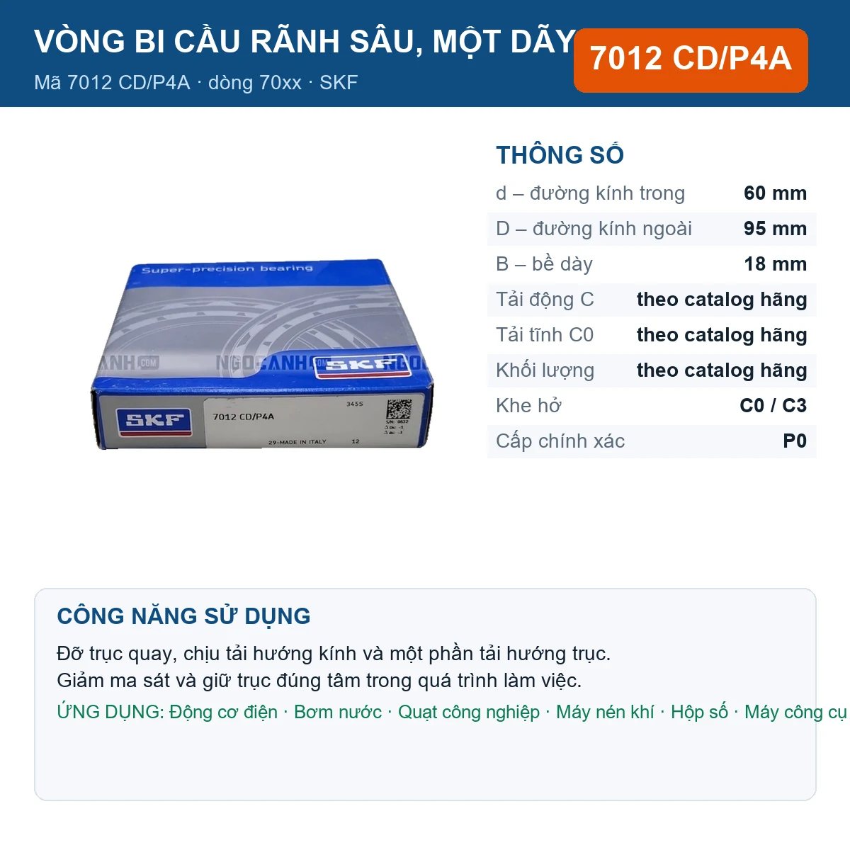 Vòng bi SKF 7012 CD/P4A — kích thước 60x95x18mm