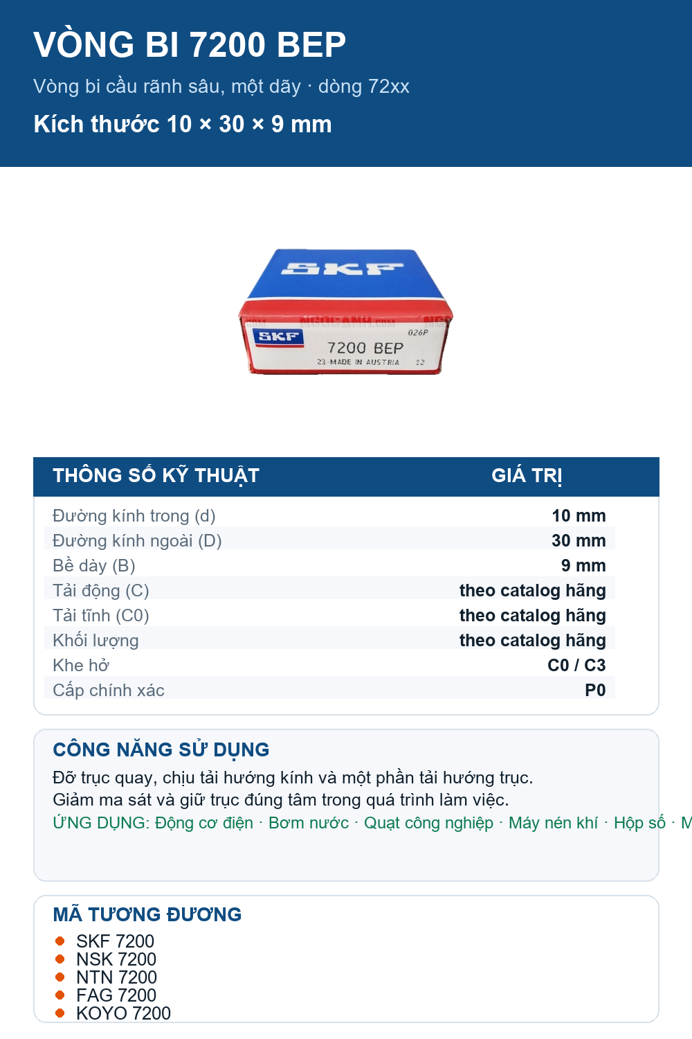 Vòng bi SKF 7200 BEP 10x30x9mm — Ảnh thông số (Pinterest)