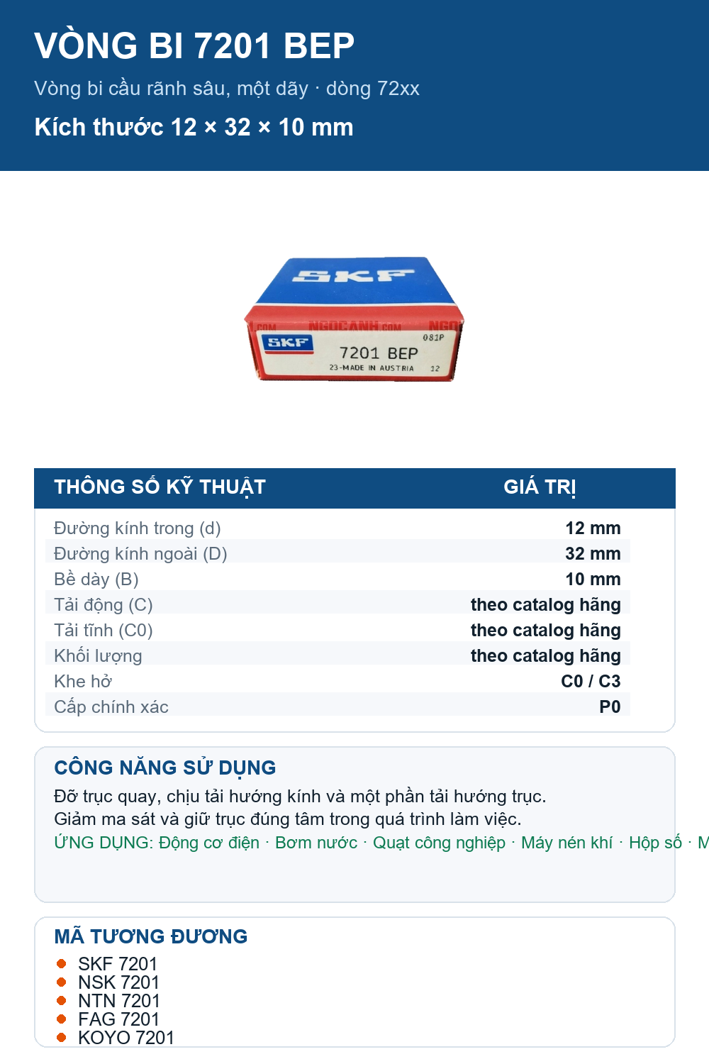 Vòng bi SKF 7201 BEP 12x32x10mm — Ảnh thông số (Pinterest)