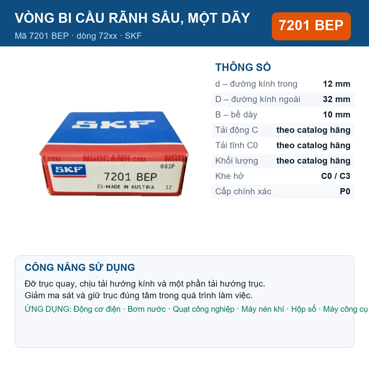 Vòng bi SKF 7201 BEP — kích thước 12x32x10mm