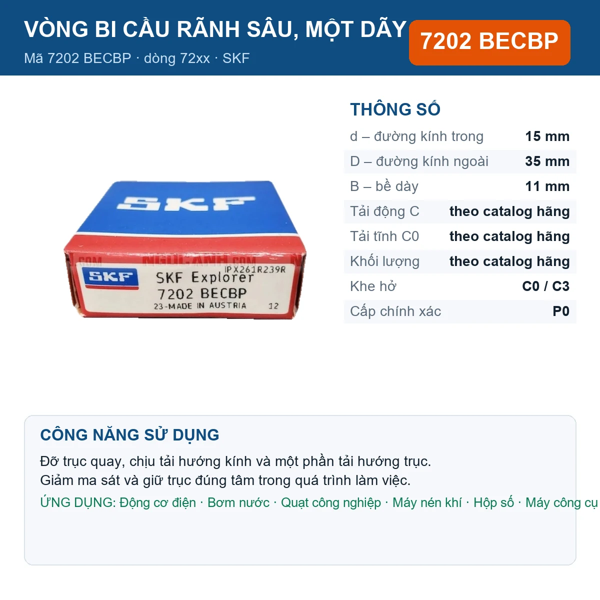 Vòng bi SKF 7202 BECBP — kích thước 15x35x11mm