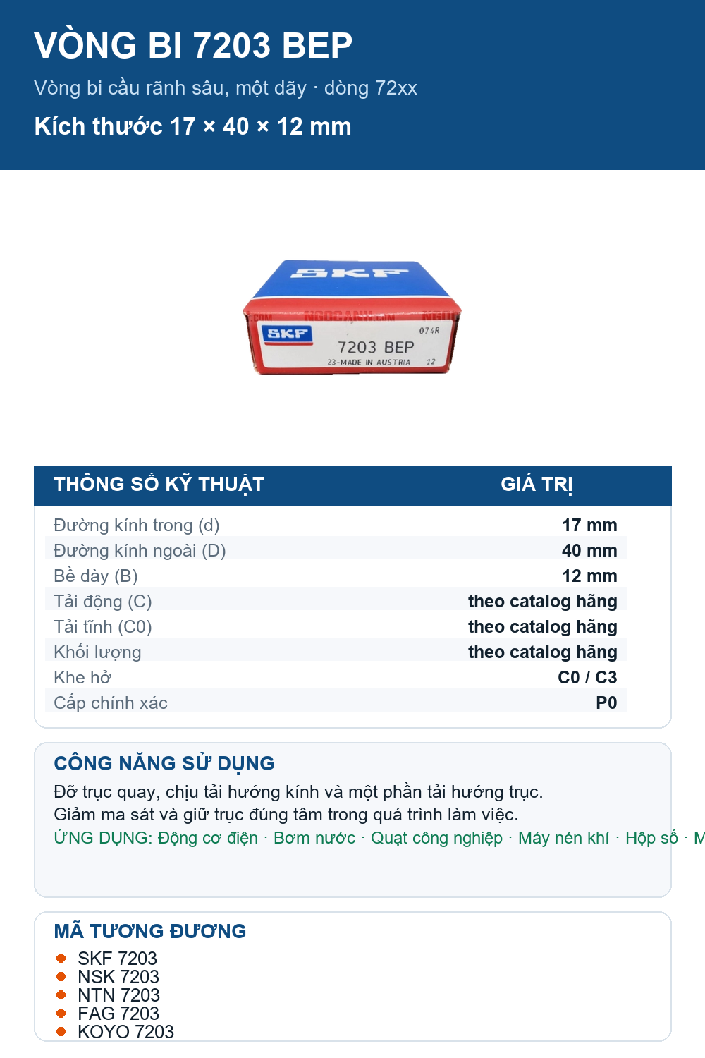 Vòng bi SKF 7203 BEP 17x40x12mm — Ảnh thông số (Pinterest)