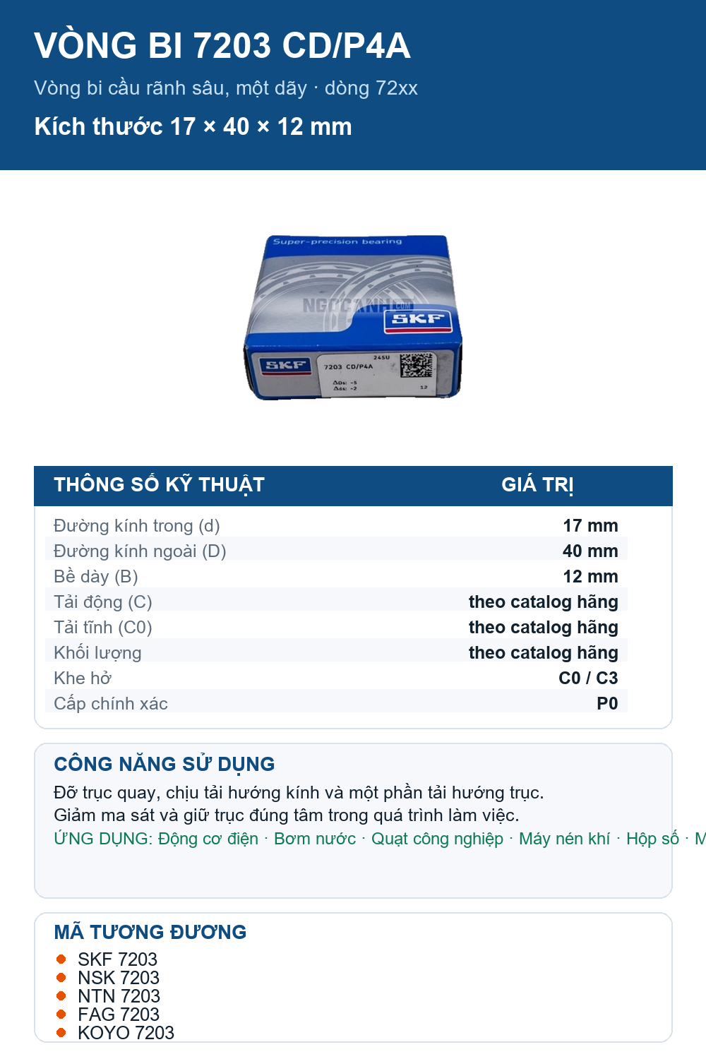 Vòng bi SKF 7203 CD/P4A 17x40x12mm — Ảnh thông số (Pinterest)