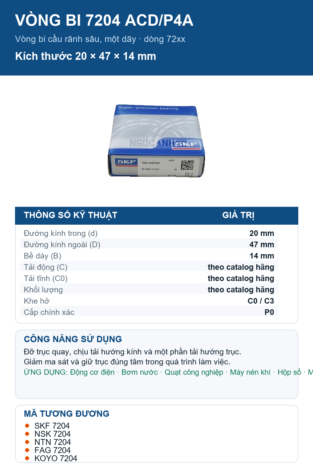 Vòng bi SKF 7204 ACD/P4A 20x47x14mm — Ảnh thông số (Pinterest)