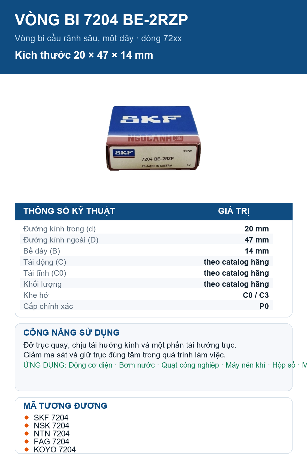Vòng bi SKF 7204 BE-2RZP 20x47x14mm — Ảnh thông số (Pinterest)