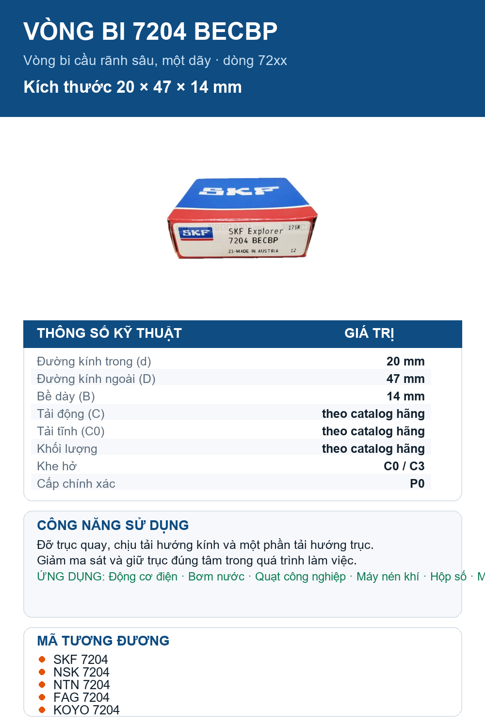 Vòng bi SKF 7204 BECBP 20x47x14mm — Ảnh thông số (Pinterest)